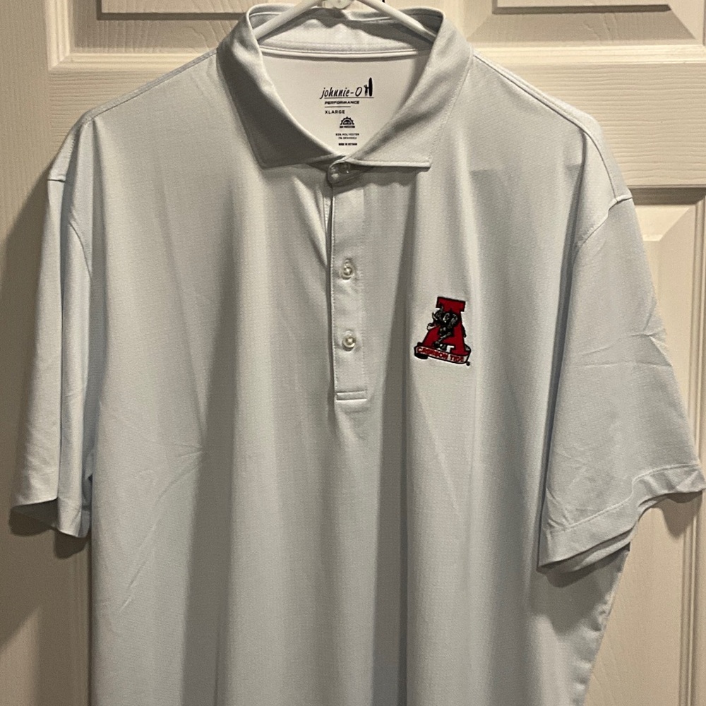 johnnie-O Light Gray Polo with vault Alabama A logo.